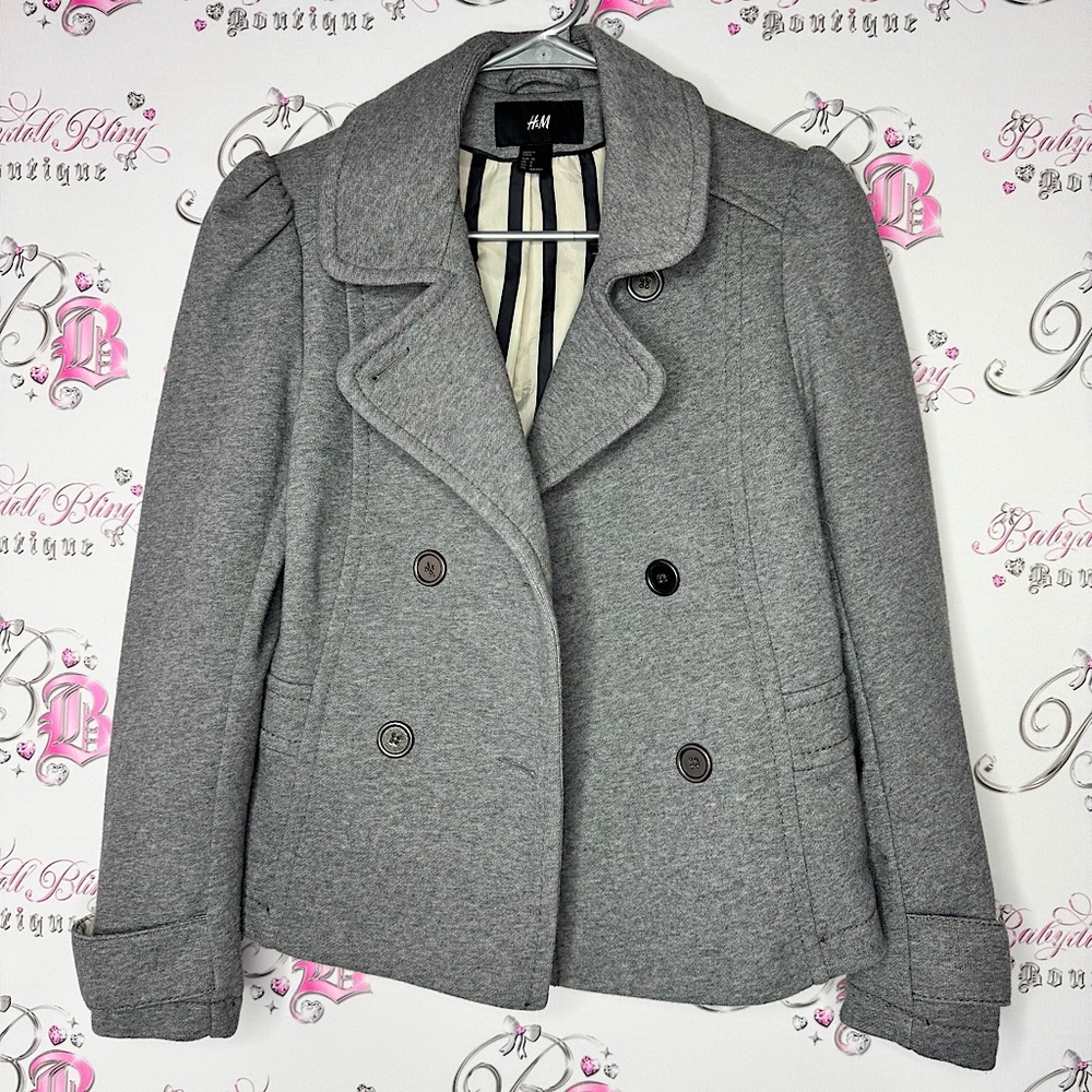 H&M Gray Women's Jacket blazer coat puff shoulder striped interior buttons